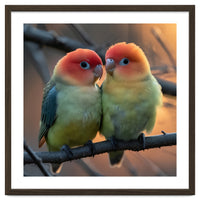 Two Lovebirds Perched On A Branch At Sunset