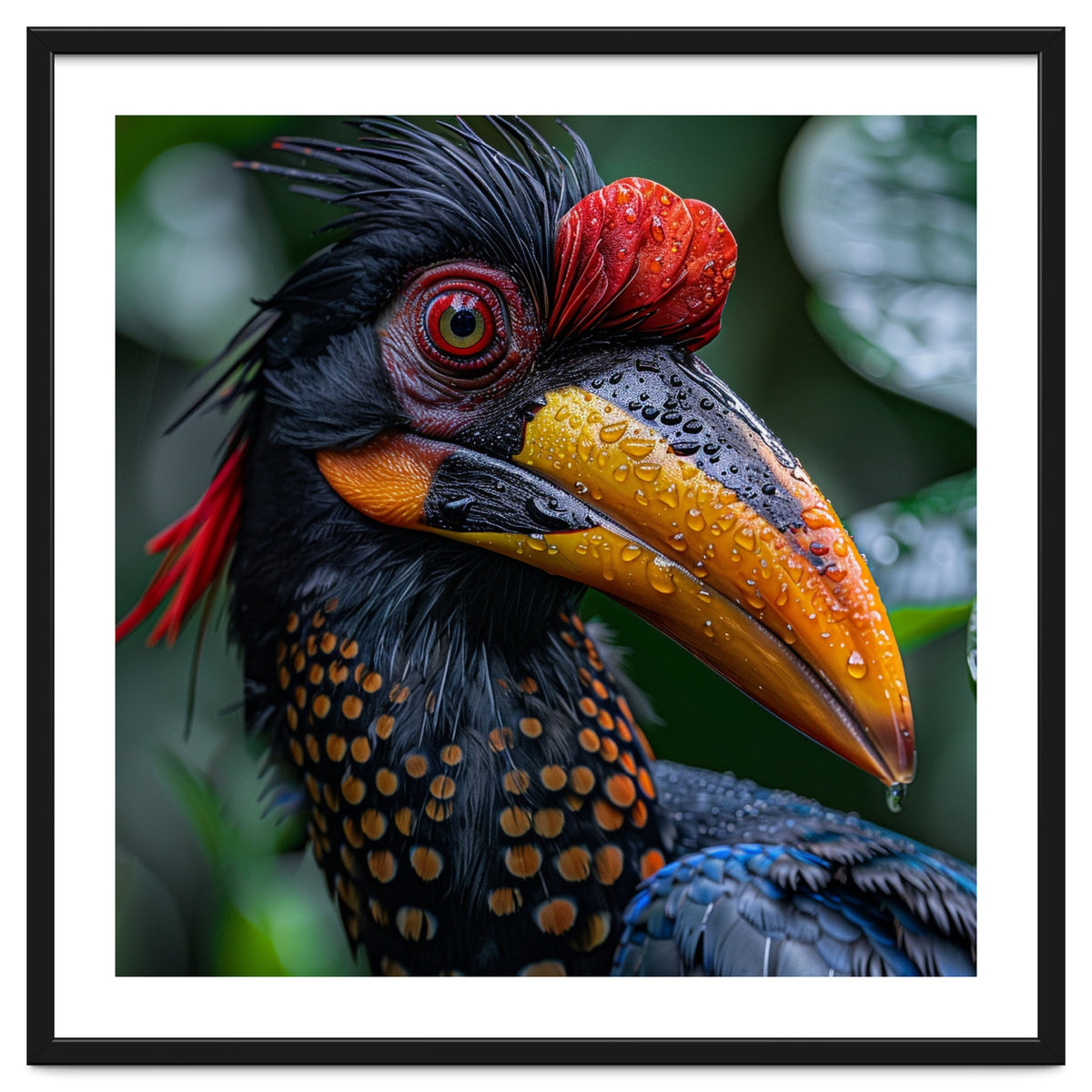 Close Up Of Helmeted Hornbill Bird In Rain