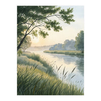 Serene River Sunrise Watercolor Painting with Meadow Grasses and Warm Golden Atmosphere Landscape (Print Only)