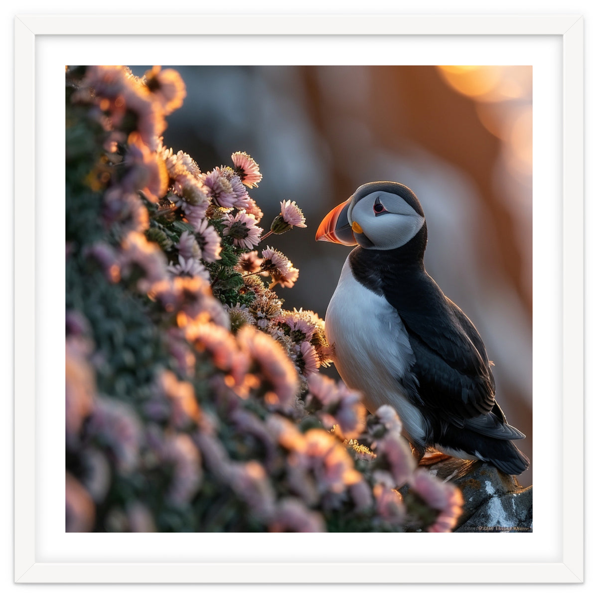 Puffin Bird On Rocks Near Pink Flowers At Sunset
