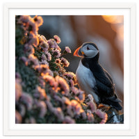 Puffin Bird On Rocks Near Pink Flowers At Sunset