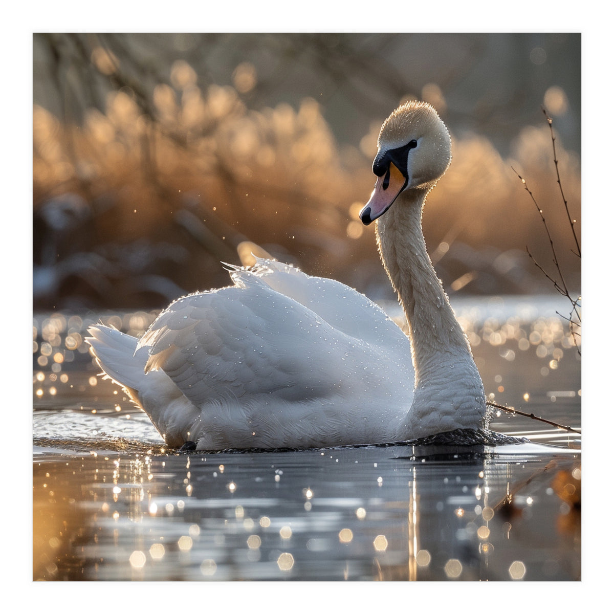Majestic Swan On Calm Water During Sunset Nature Scene (Print Only)
