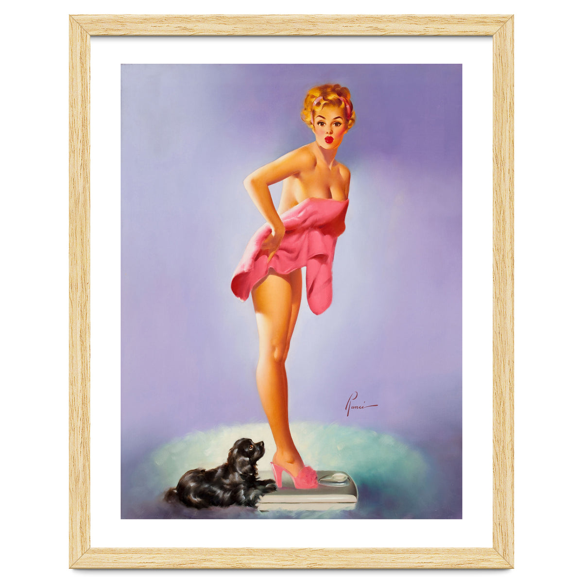Pinup Girl On A Scale With Her Little Black Dog Behind