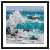 Dynamic Crashing Turquoise Ocean Wave Against Rugged Coastal Rocks