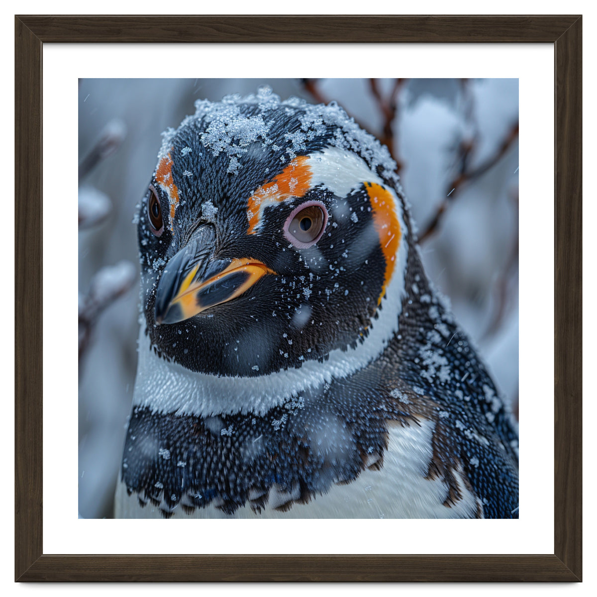 Penguin In Snow Falling Close Up Portrait