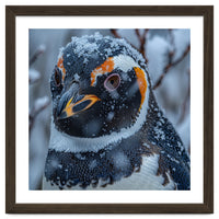 Penguin In Snow Falling Close Up Portrait