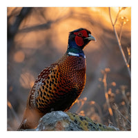 Pheasant Bird Standing On Rock Sunrise Light (Print Only)