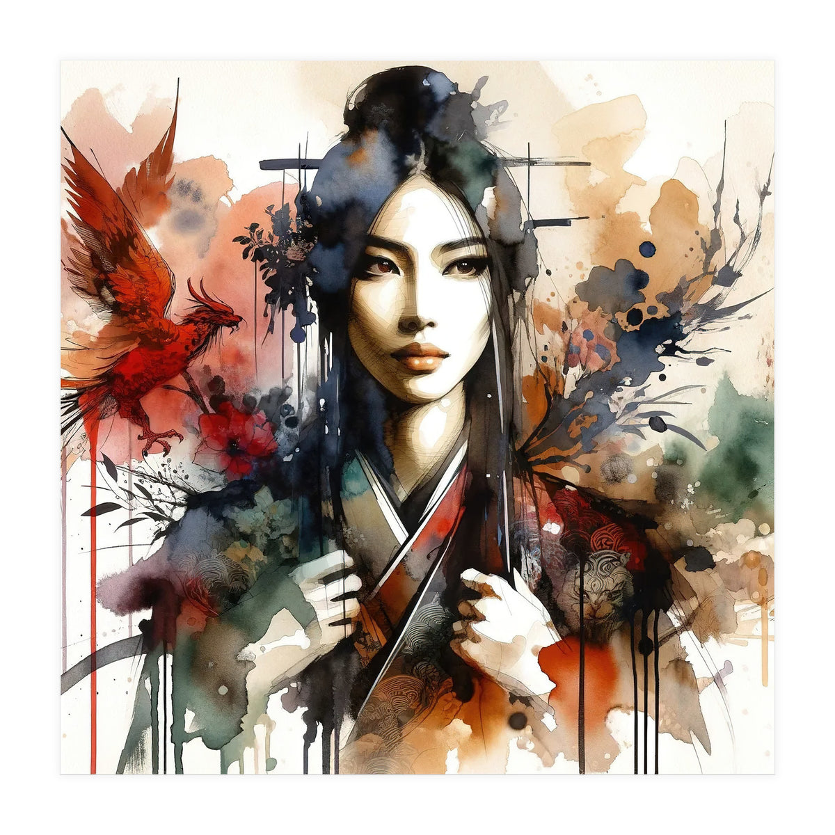 Phoenix Spirit Asian Warrior Portrait (Print Only)