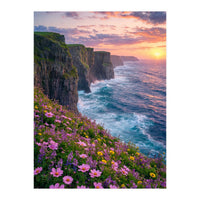 Coastal Sunset Wildflowers: Dramatic Ocean Cliffs and Floral Meadow (Print Only)