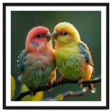 Two Lovebirds Perched On A Branch In Rain thumbnail