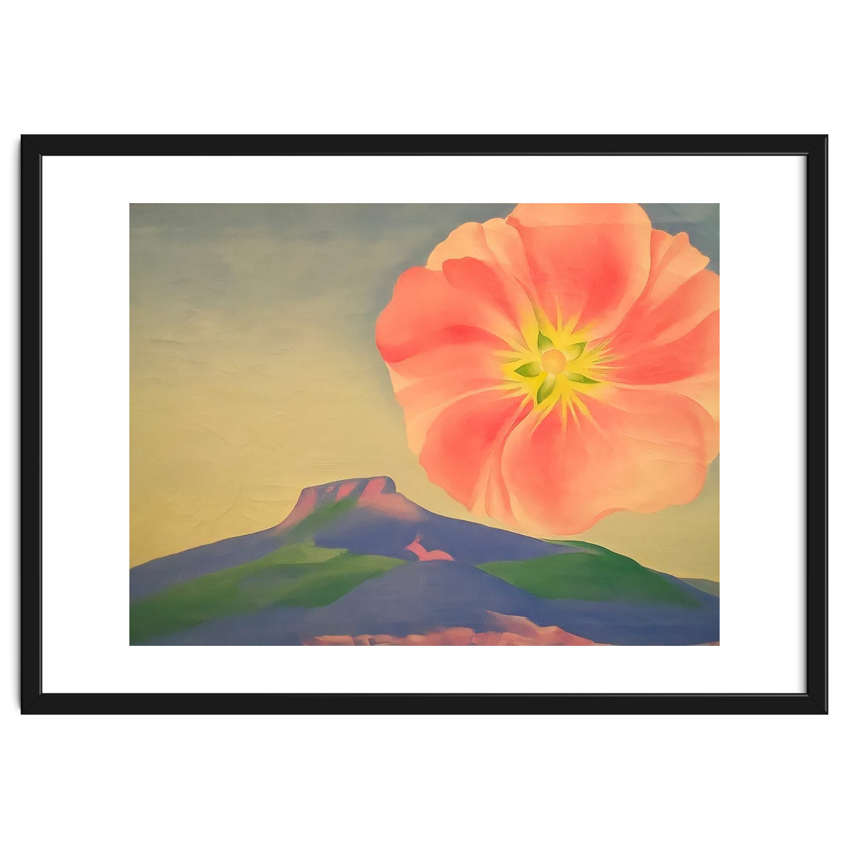 Georgia O’Keeffe – Hollyhock Pink with Pedernal (1937) | Vibrant Modernist Floral Landscape of New Mexico