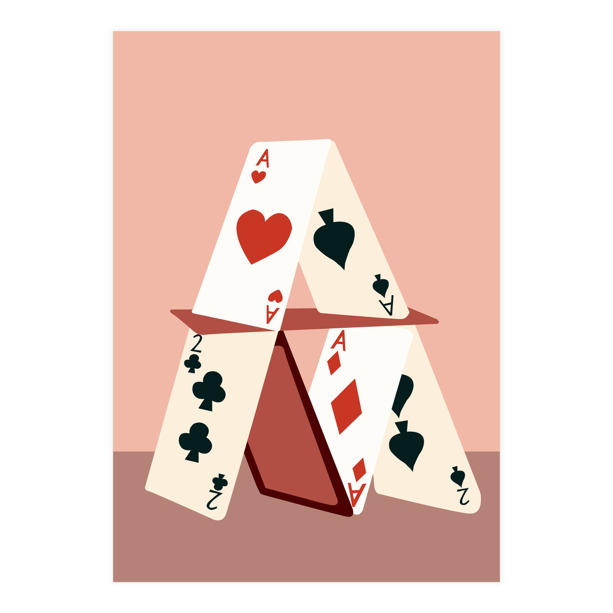 A House Made Of Cards, Relationship Concept Painting, Illustration Playing Cards, Spade Heart Eclectic Bohemian Contemporary (Print Only)