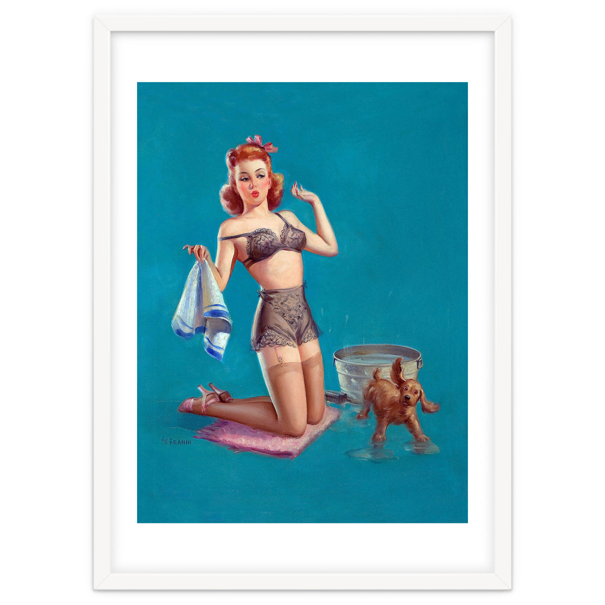 Pinup Girl Bathing A Dog
