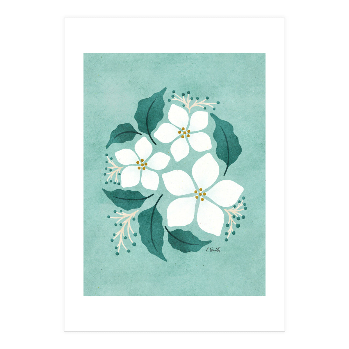 White Flowers On Mint (Print Only)