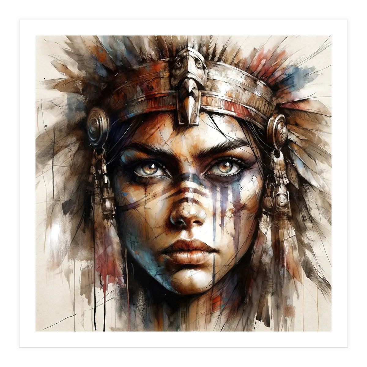 Regal Warrior Woman Watercolor Portrait (Print Only)