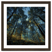 Celestial Forest Canopy with Swirling Golden Fireflies and Deep Twilight Blue Sky Digital Art