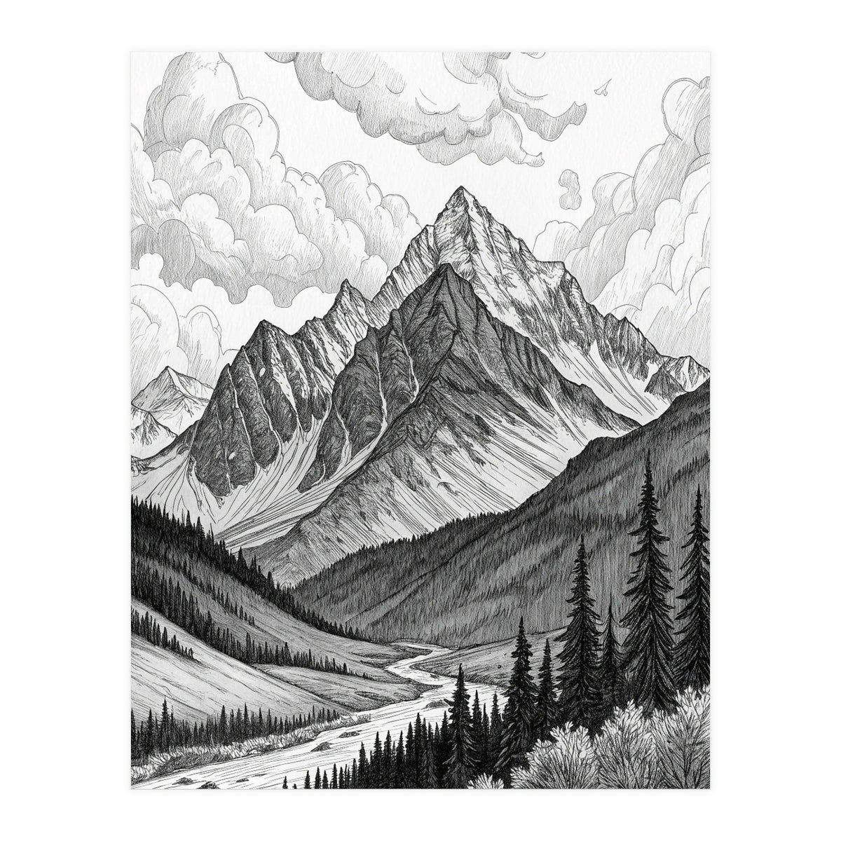 Majestic Alpine Mountain Range Sketch (Print Only)