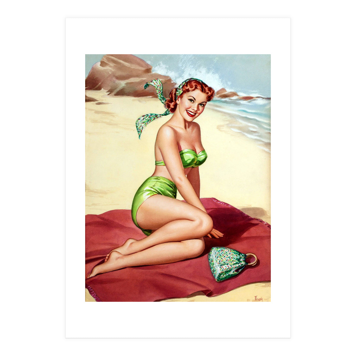 Smiling Pinup Sexy Girl On The Beach (Print Only)