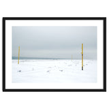 Seagulls in between the volleyball poles in winter snow beach thumbnail