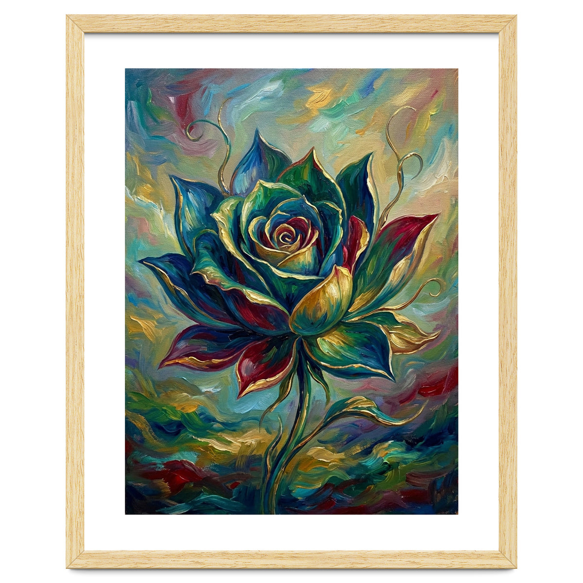 Enchanted Teal and Gold Rose Impasto Oil Painting