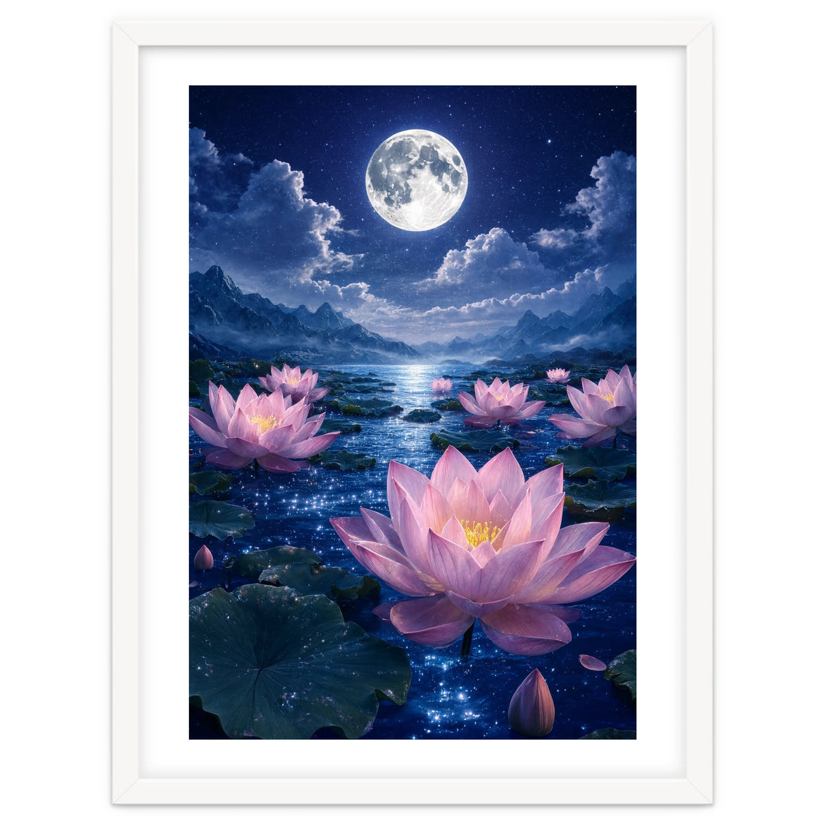Moonlit Lotus Pond: Serene Nighttime Floral Landscape