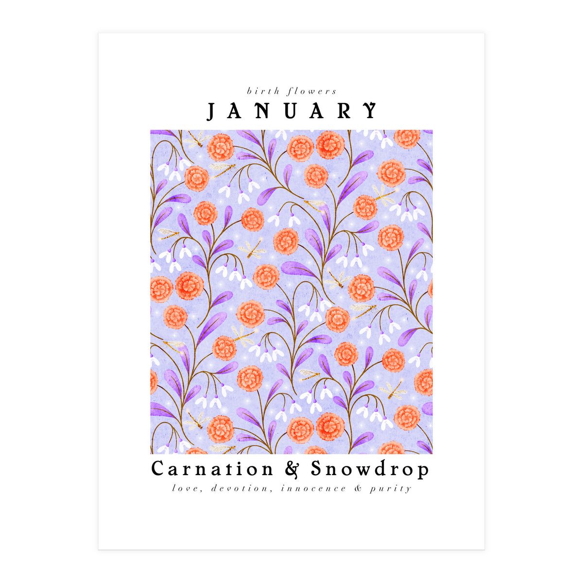 Carnations And Snowdrop January Birth Flower Floral Print (Print Only)