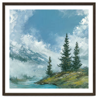 Ethereal Alpine River Valley with Snow-Capped Mountains