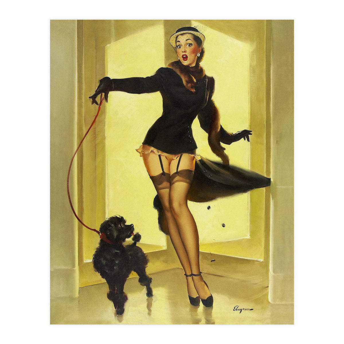 Pinup Girl In Black Dress On A Hall Experiencing Sudden Wind (Print Only)