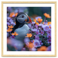 Puffin Bird Among Vibrant Purple And Orange Flowers
