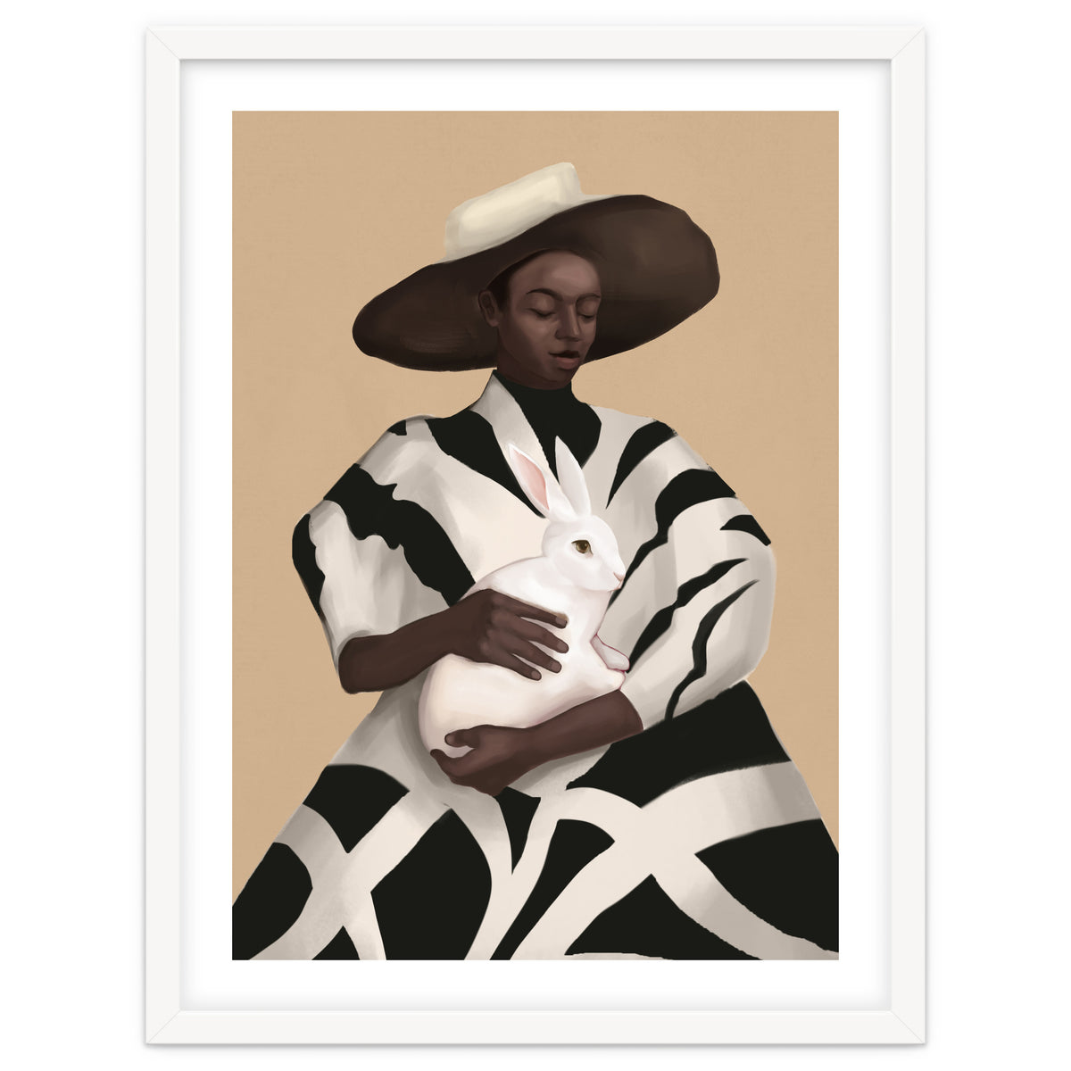 Woman In Stripes Holding A White Rabbit