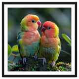 Lovebirds Pair Perched On Mossy Branch Outdoors thumbnail