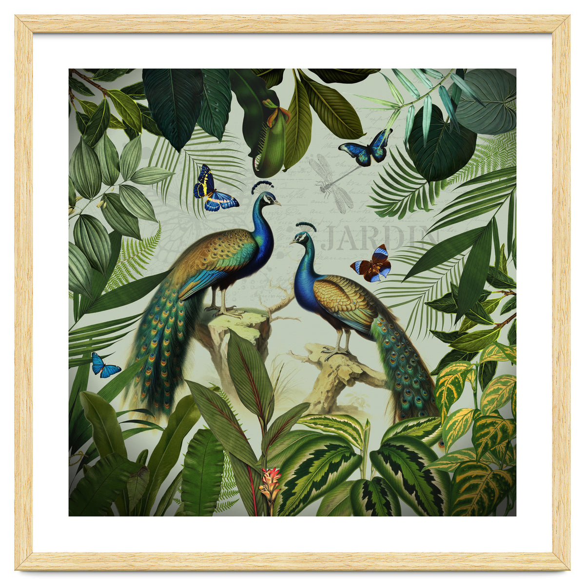 Vintage Exotic Asian Peacocks In Tropical Jungle Landscape