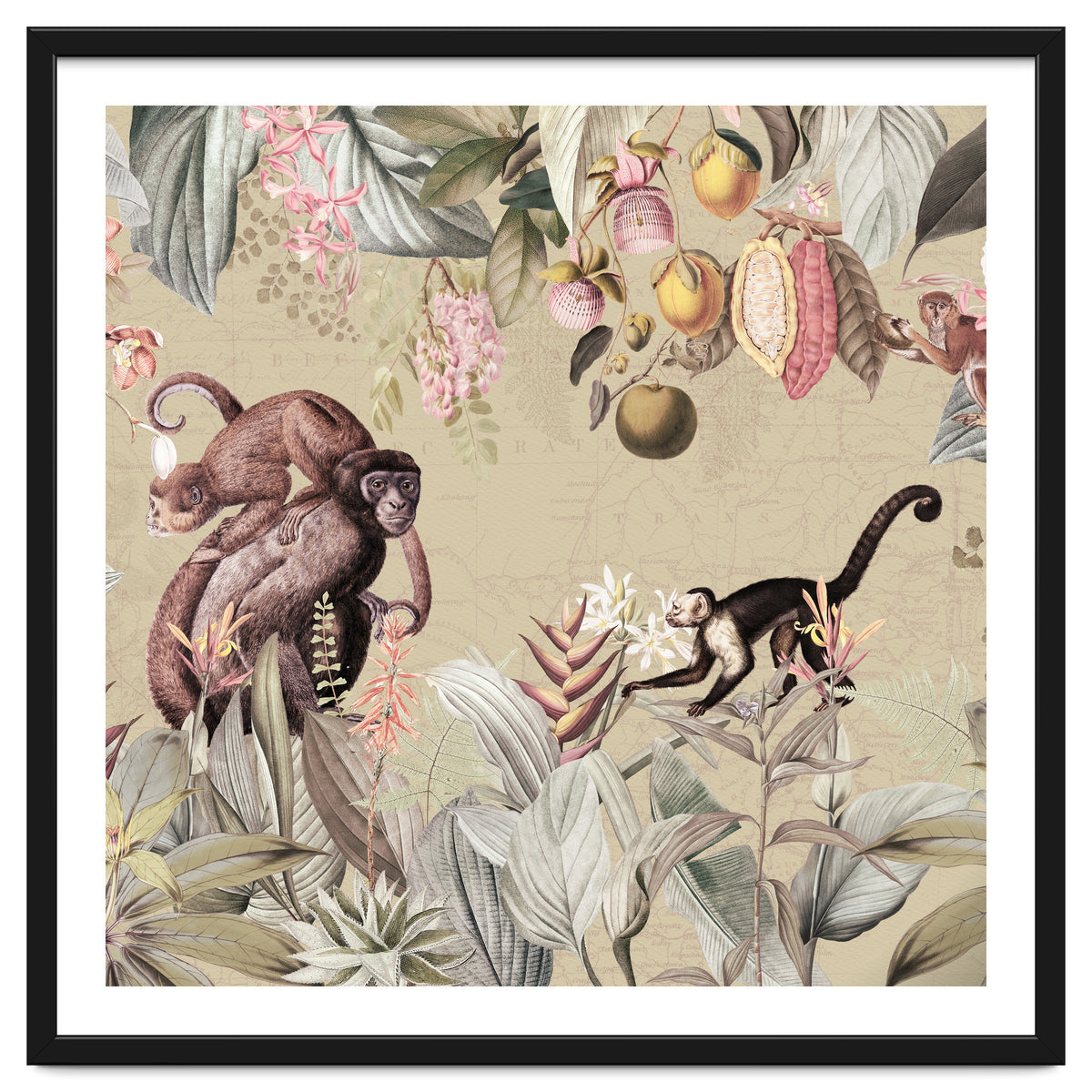 Vintage Exotic Monkeys In African Jungle Landscape