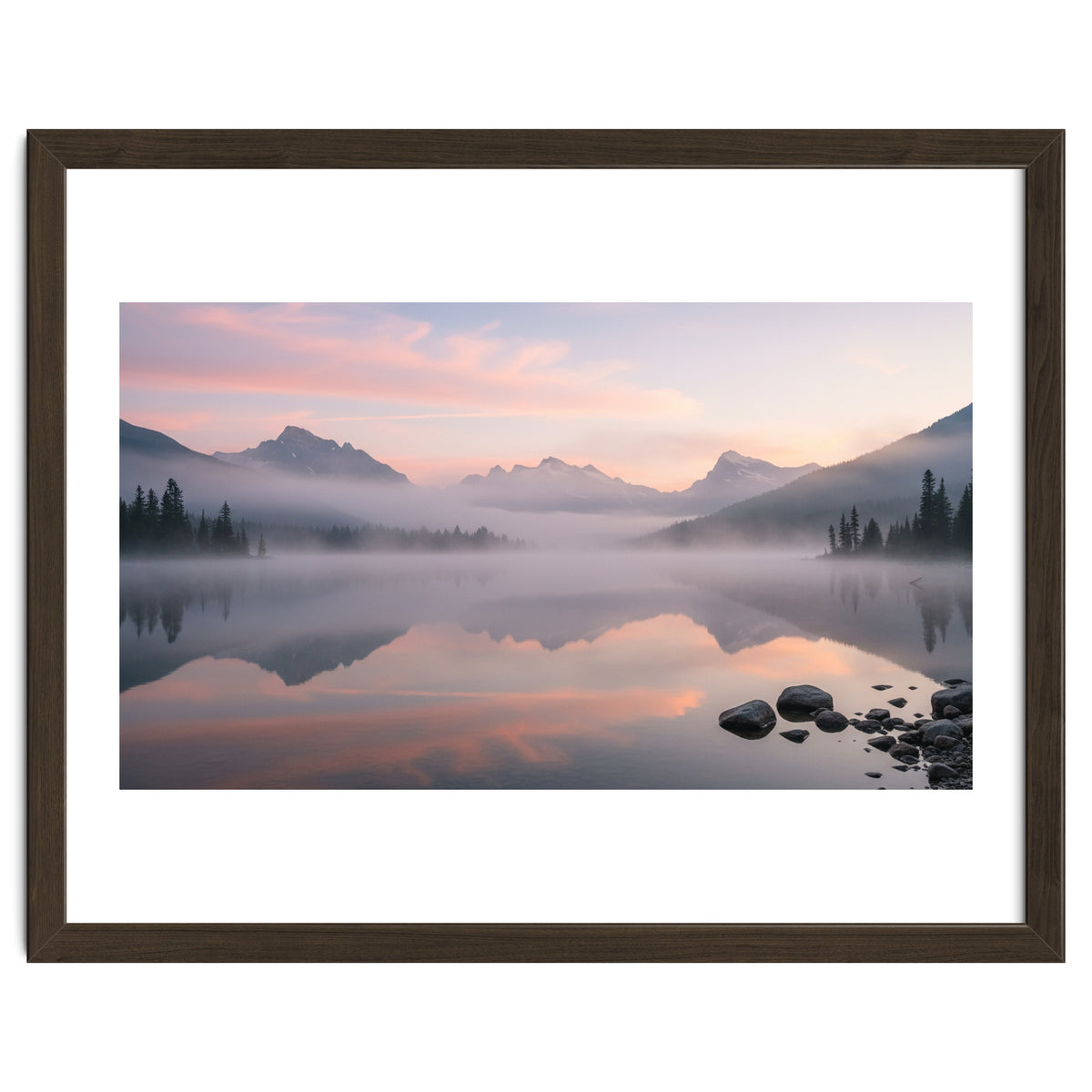 Misty Morning Reflection: Serene Alpine Lake