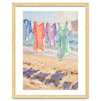 Laundry Drying by the Sea, Colorful Clothes on a Beach Clothesline, Coastal Summer Pastel Painting, Relaxing Ocean Shore Art Print