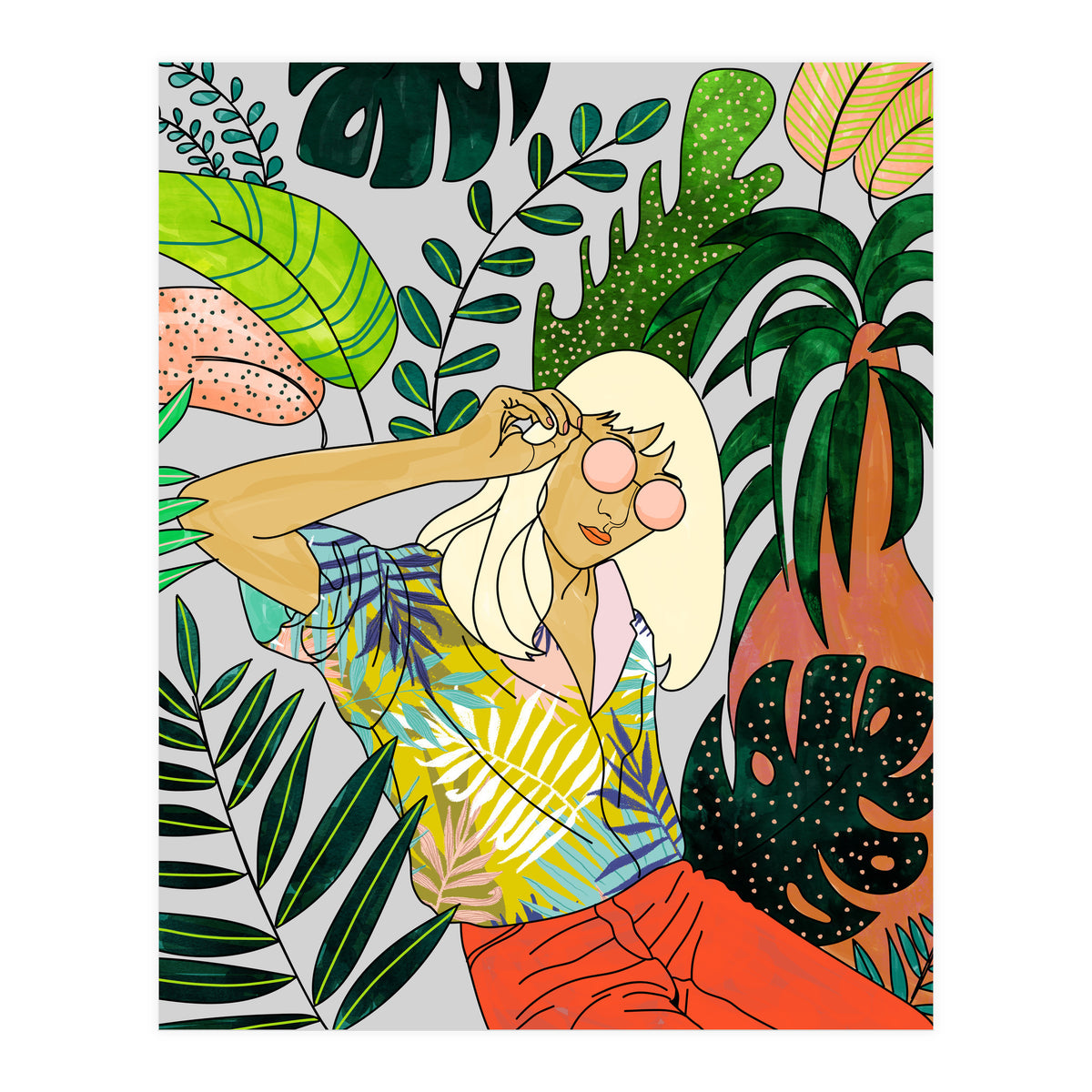Spring Break, Tropical Bohemian Travel Line Art, Woman Fashion Palm Forest Jungle Watercolor Nature (Print Only)