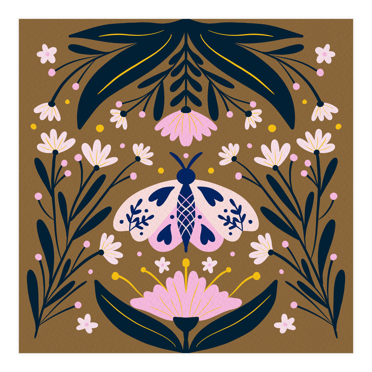 Pink Moth with Flowers on a brown background (Print Only)