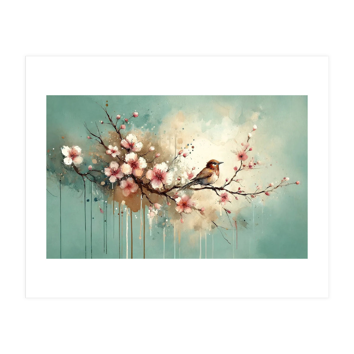 Bird Resting On Cherry Blossom Branch (Print Only)