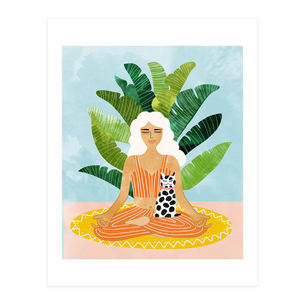 Meditation With Thy Cat Poster | Blonde Woman of Color | Tropical Banana Leaves Quirky Pet Workou (Print Only)