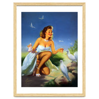 Beautiful Pinup Girl Feeding White Pigeons