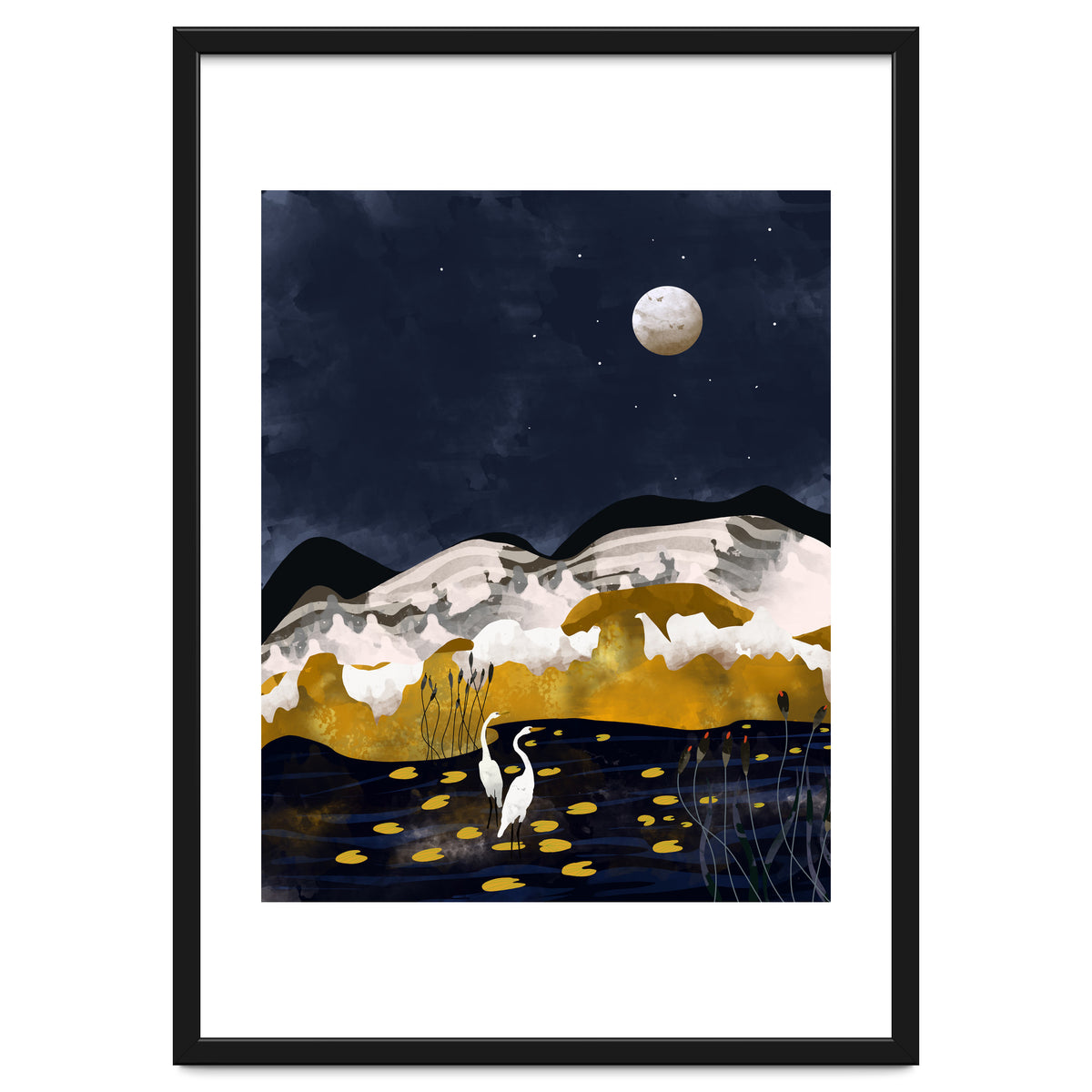 Midnight Lake, Stork Wildlife Animals Abstract Painting, Nature Landscape Travel Adventure Full Moon Night, Eclectic Gold Birds Magical Bohemian