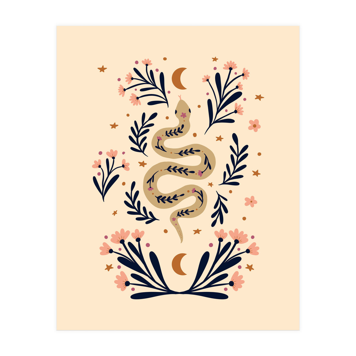 Snake And Flowers Beige And Indigo (Print Only)