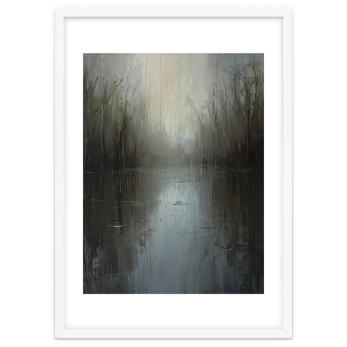 Ethereal Rainy Lake Forest Oil Painting
