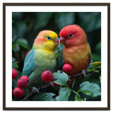 Lovebirds Perched Amidst Red Berries And Green Foliage thumbnail