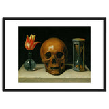 Vanitas, allegory of fleeting time with skull and hour-glass. Oil on canvas. thumbnail