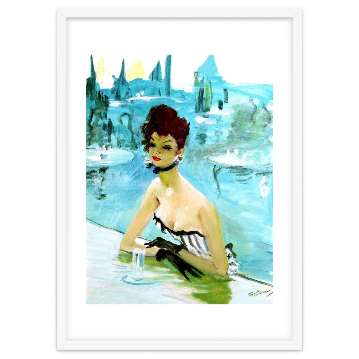 Pinup Girl In Cafe, Watercolor Painting