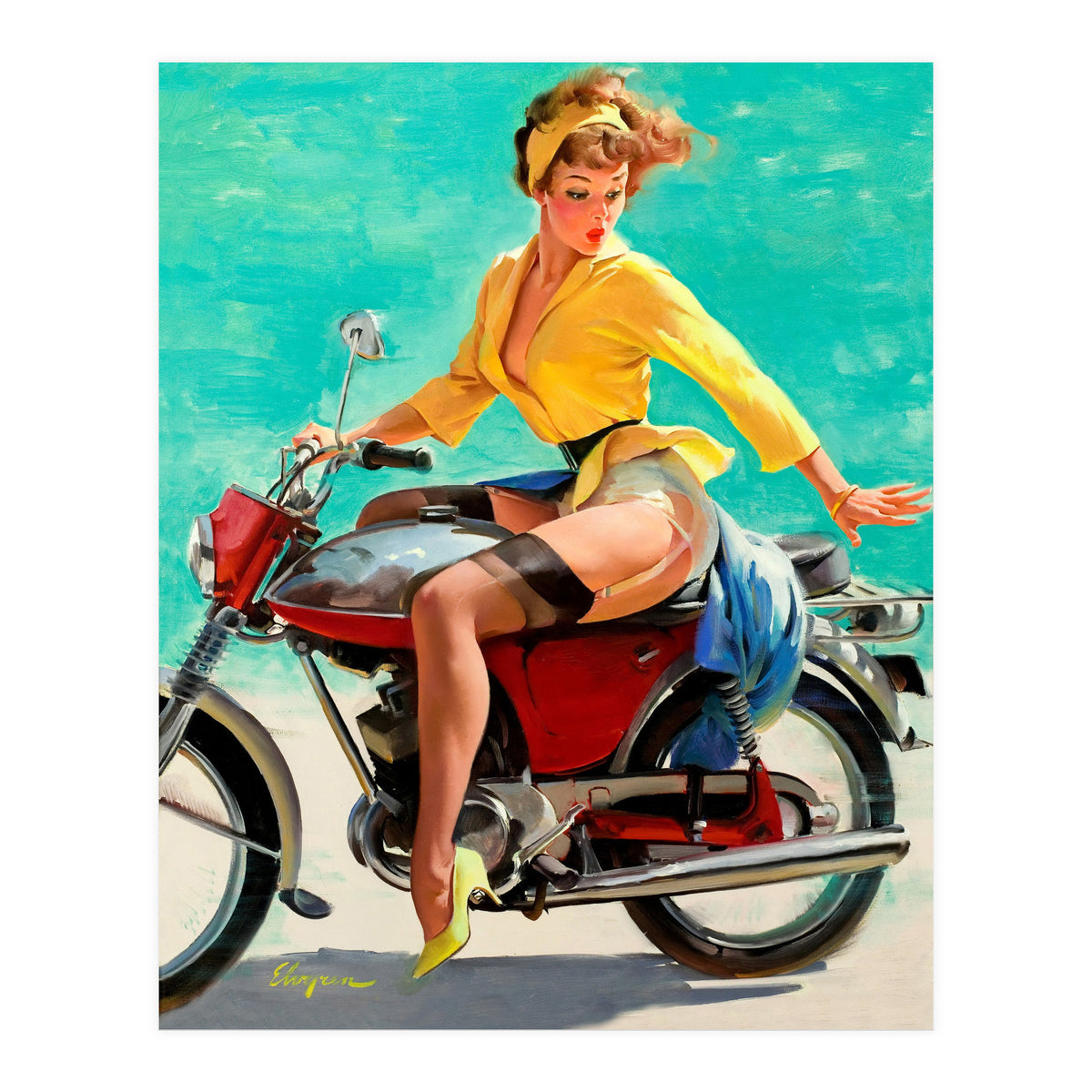 Pinup Sexy Motorcycle Girl (Print Only)