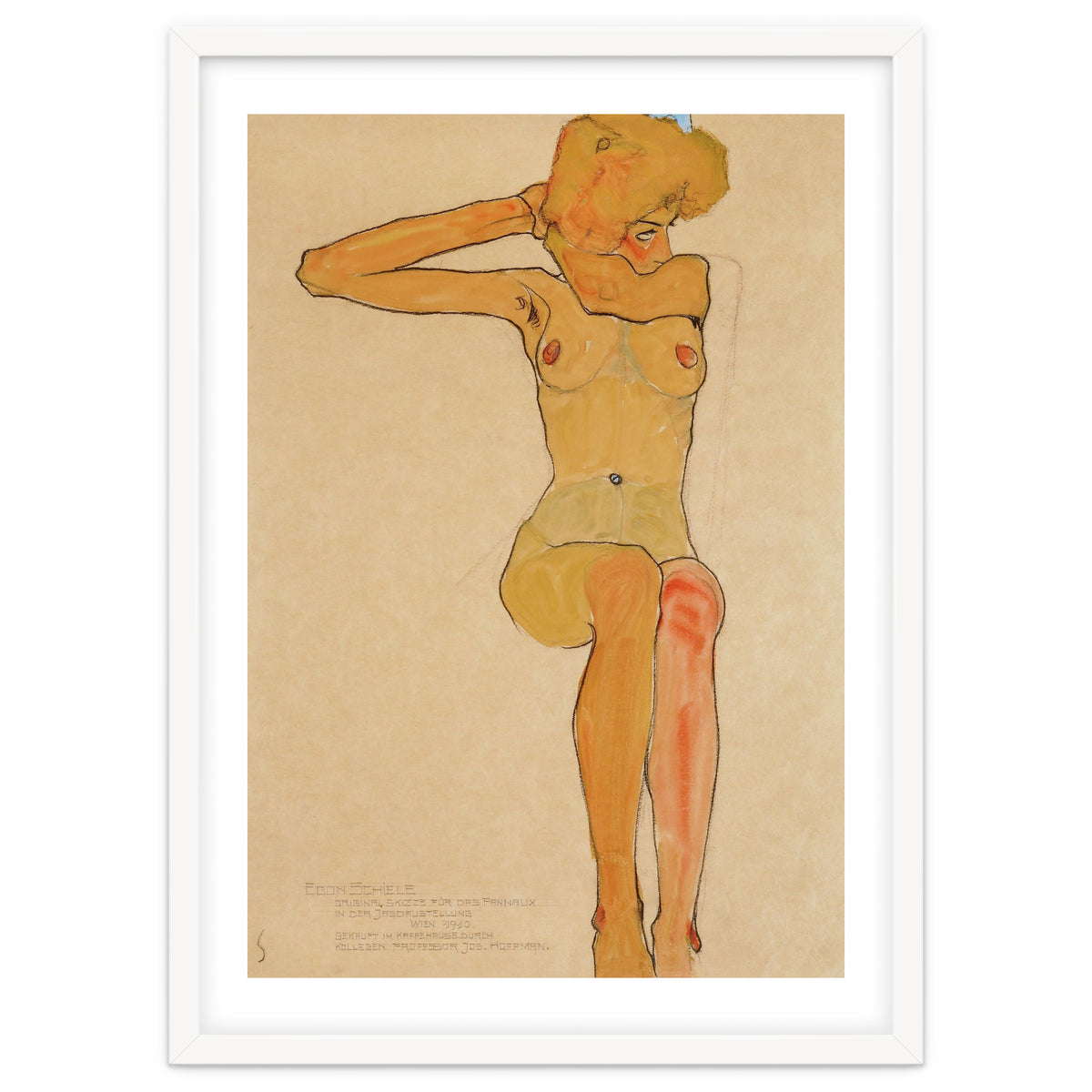 Seated female nude with raised right arm,1910 Gouache,.