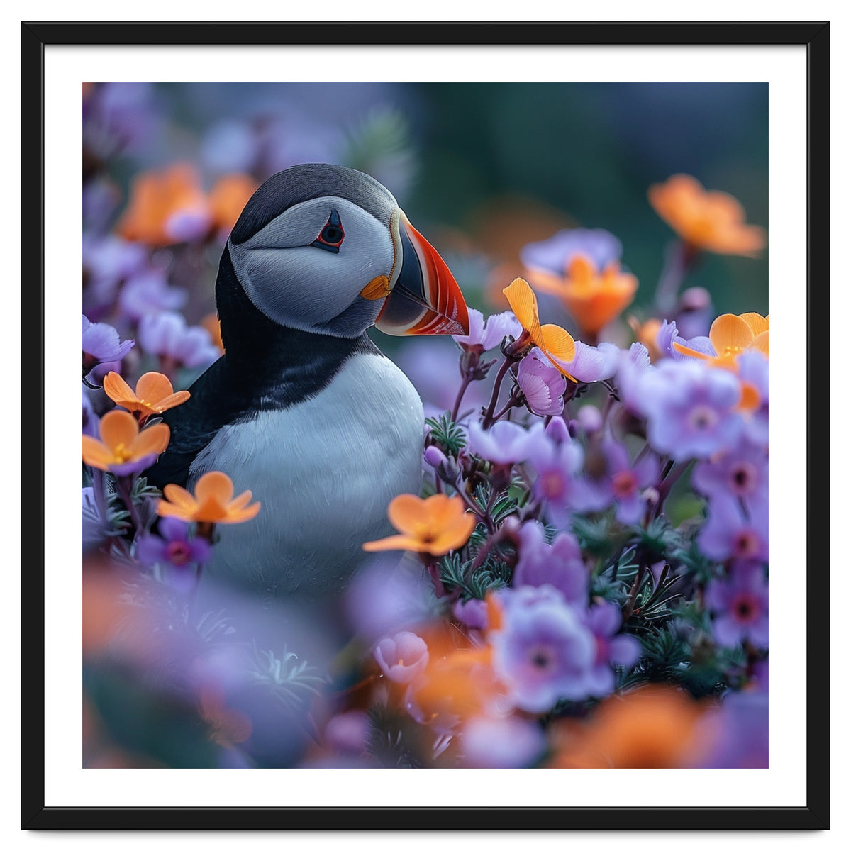 Puffin Bird Among Vibrant Purple And Orange Flowers