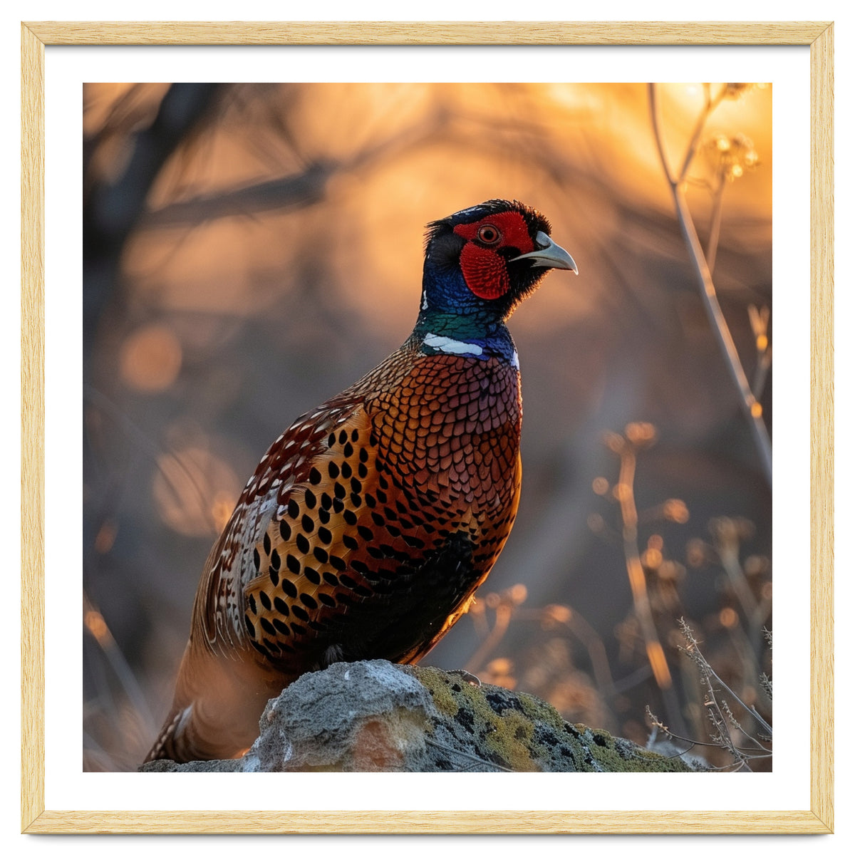 Pheasant Bird Standing On Rock Sunrise Light